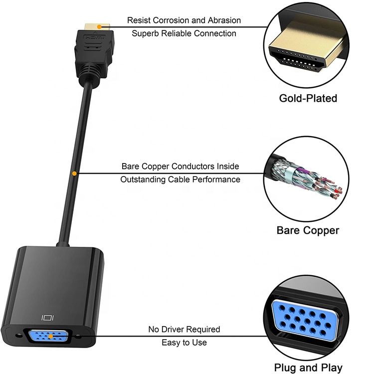 1080P 4K HDM TV I Male to VGA Female Adapter with 3.5 Audio Jack Power for Computer PC Monitor HDTV
