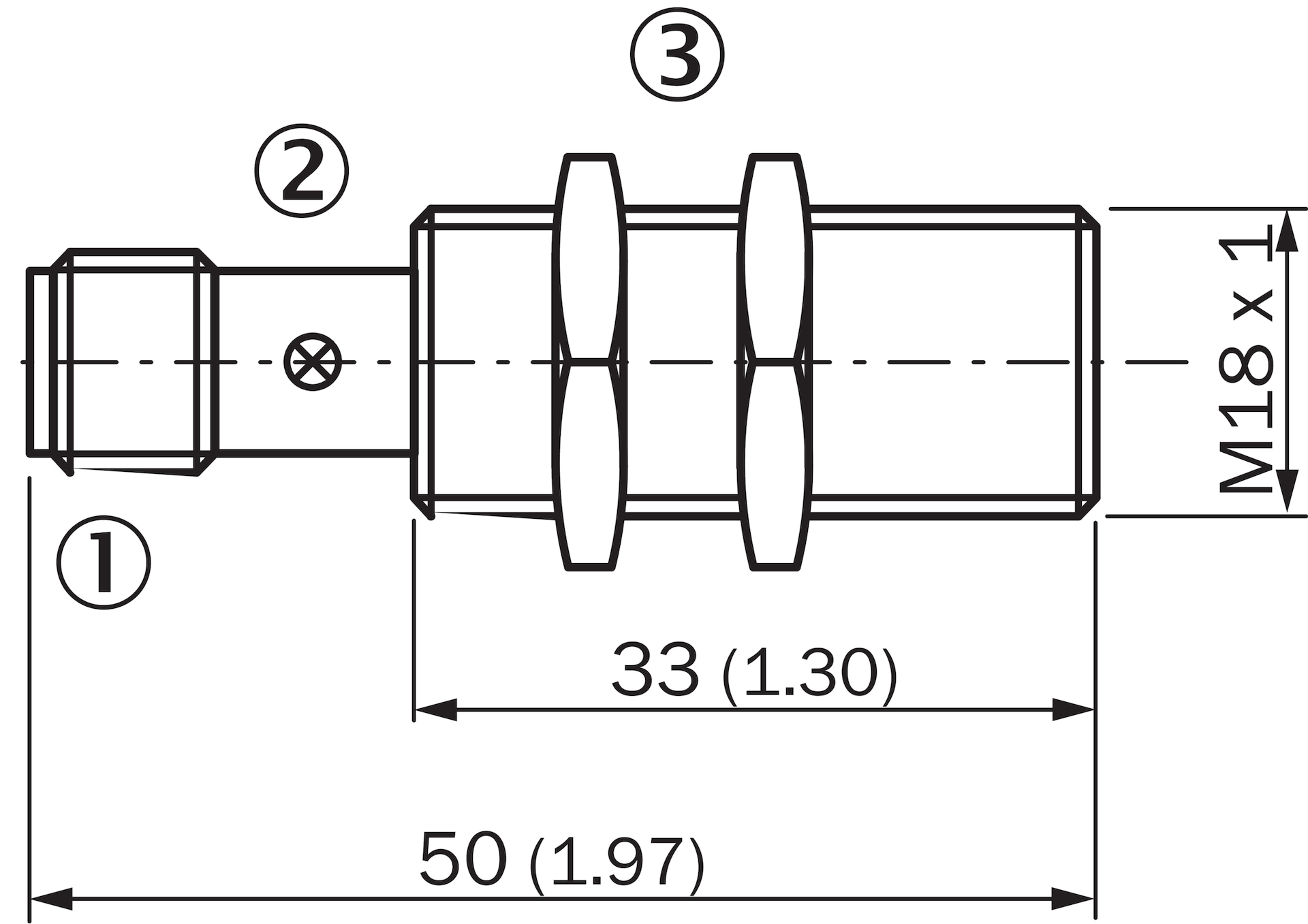 Dimensional drawing IME18 Short-body housing, connector, flush