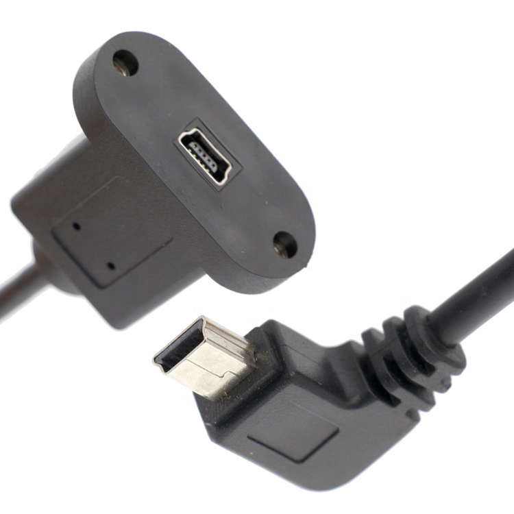 Screw Locking 90 Degree Right Angle Male to Female Mini USB Panel Mount Extension Cable