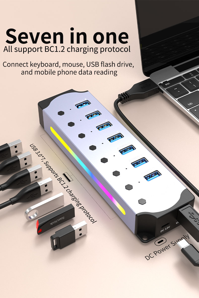 Customized Logo Accepted Speed USB 3.0 Hub with 7 Ports and Aluminum Alloy Design