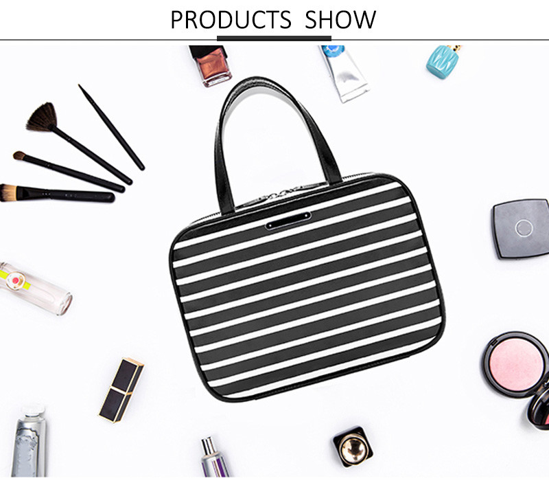 Custom Wholesale Black White Stripe Makeup Cosmetic Bag With Zipper