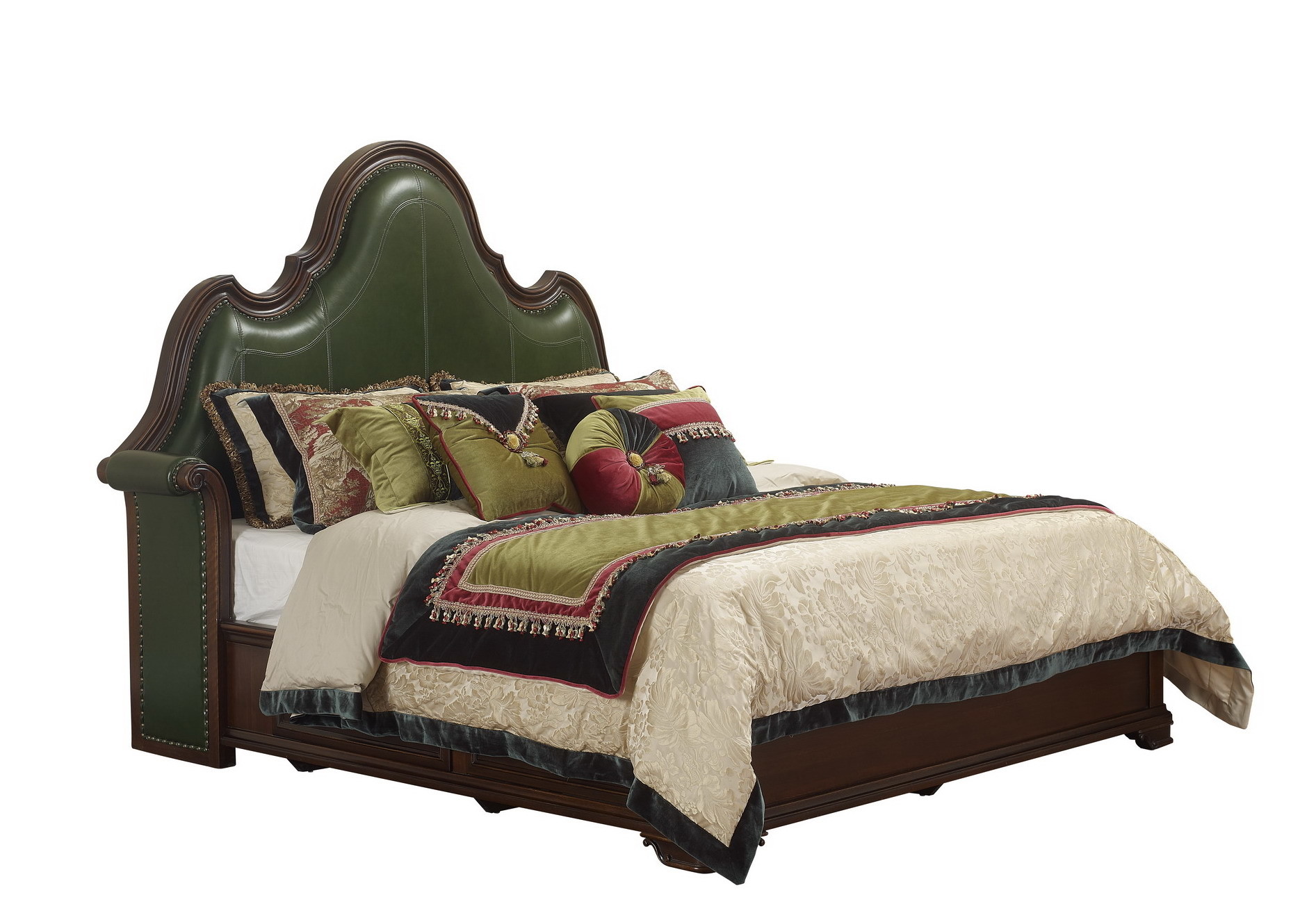 Palatial Villa House Bedroom Furniture set Classic Wooden King size Bed with Grand Night table with Decoration display