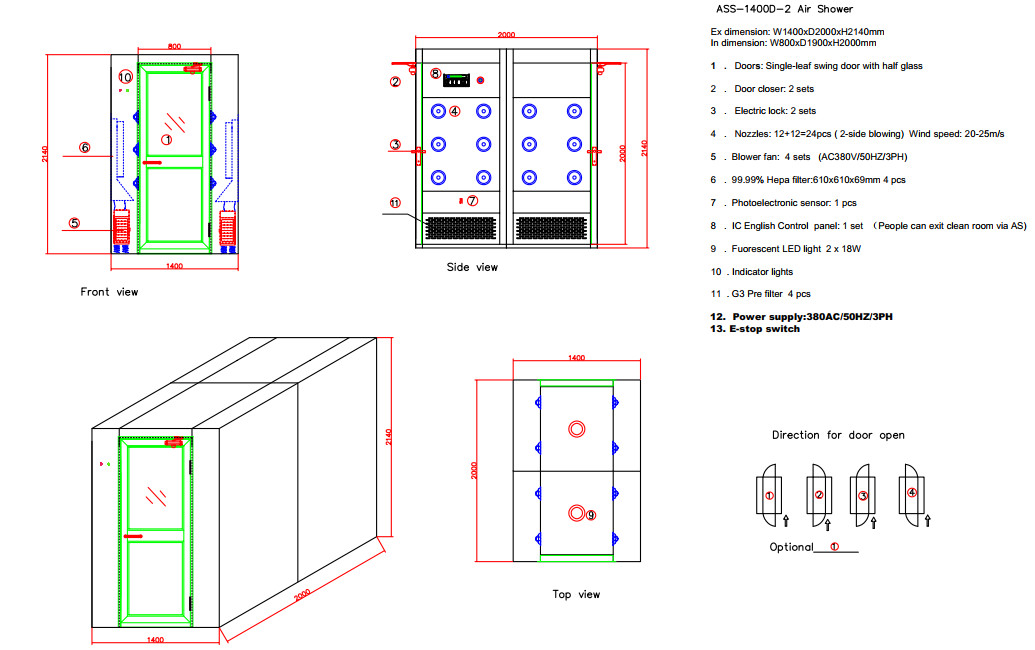 Three Personal Air Shower Room Stainless Steel 304 With Single Leaf Swing Doors