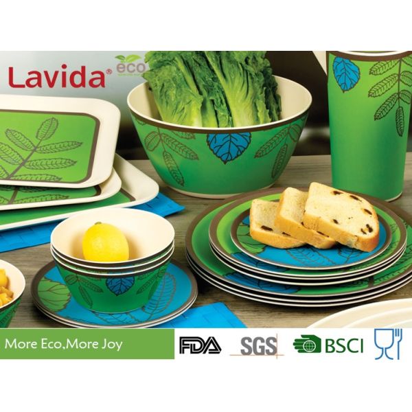 Food Grade Safe Bamboo Tableware Set Contrast Blue And Green Color Smooth Surface