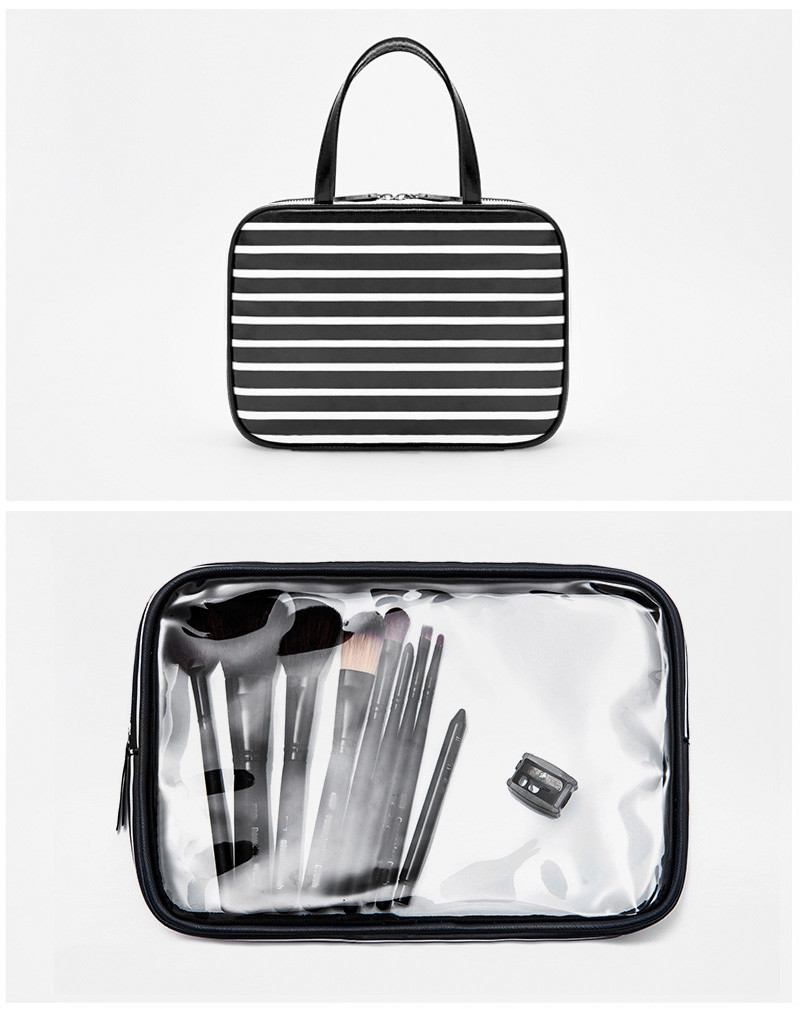 Custom Wholesale Black White Stripe Makeup Cosmetic Bag With Zipper
