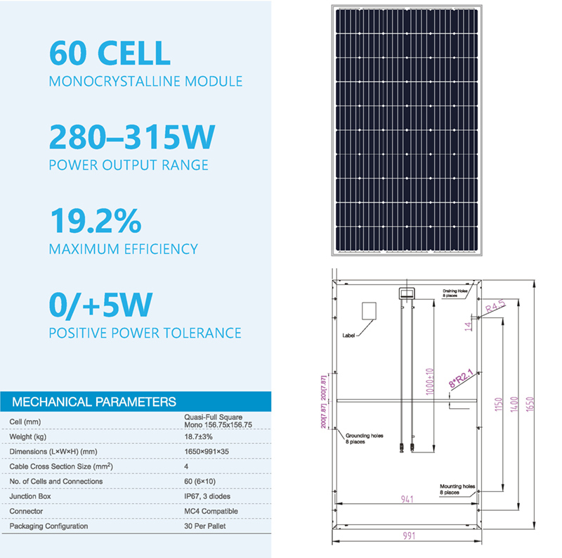 60 Cell 300W Power System Monocrystalline PV Solar Module
