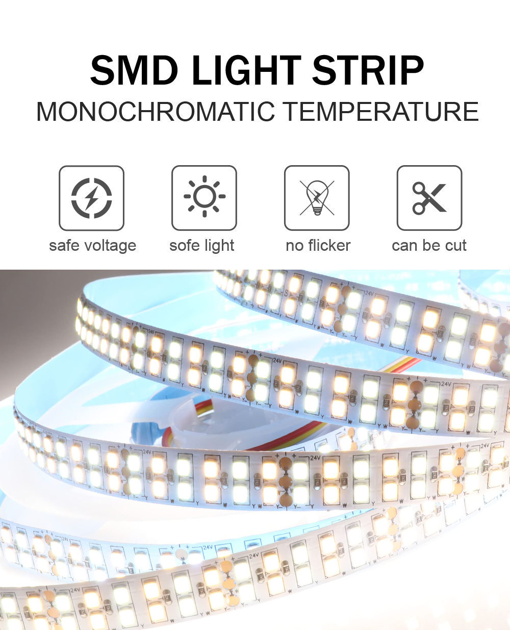 12mm 240leds 3000K-6500K CCT Dual Color SMD2835 LED Strip Light with 24V Input Voltage