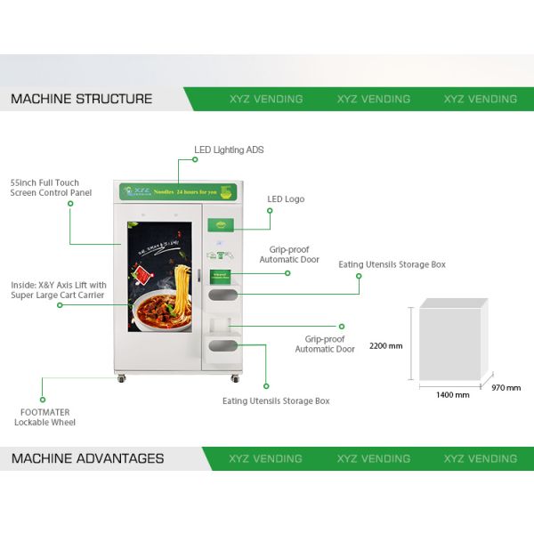XYZ Source Factory Adjustable Slots Touch Screen Water Heated Tea Noodle Japan Hot Food Vending Machine