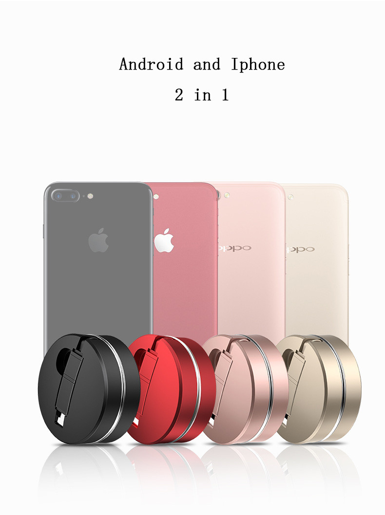 2 in 1 Fast Charging USB Data Cable for iPhoneX 6 7plus and Android rounded Retractable Micro USB Cable
