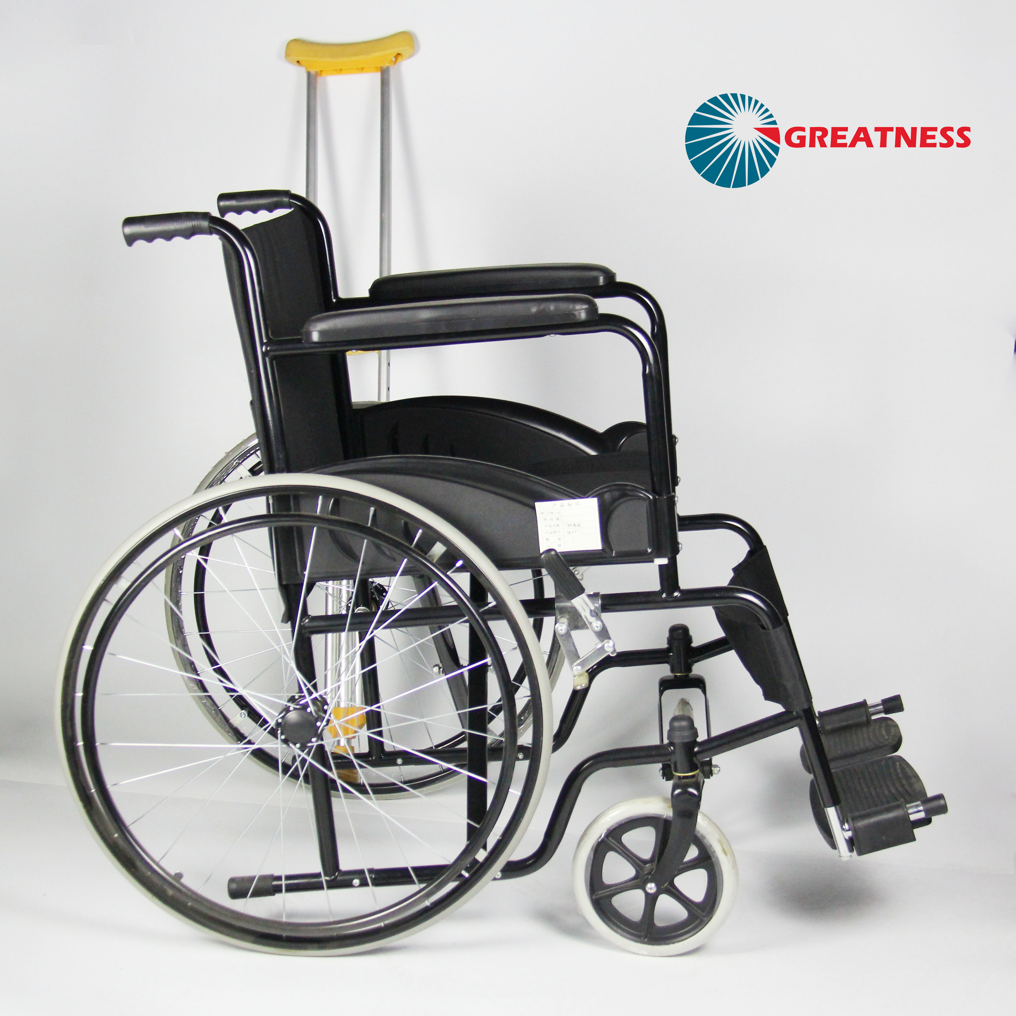 Solid Castor Folding Steel Wheelchair With Black Powder Coating Frame