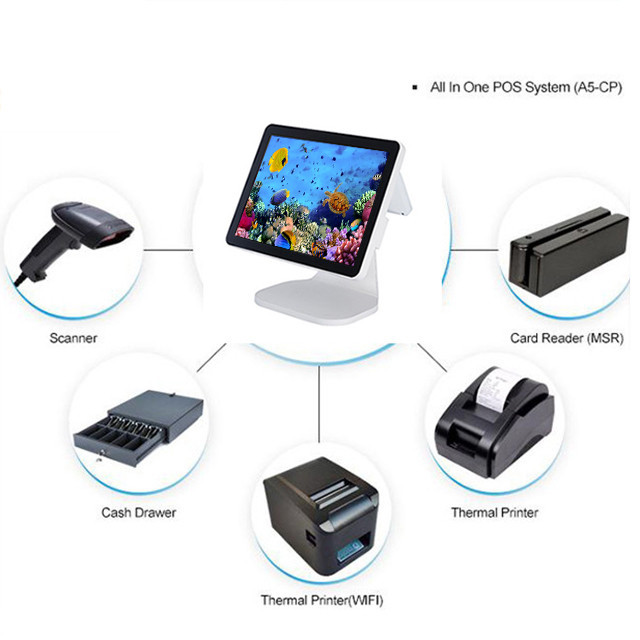 Supermarket Pos All In One System High Resolution 410 MM With VFD 2D Scanner