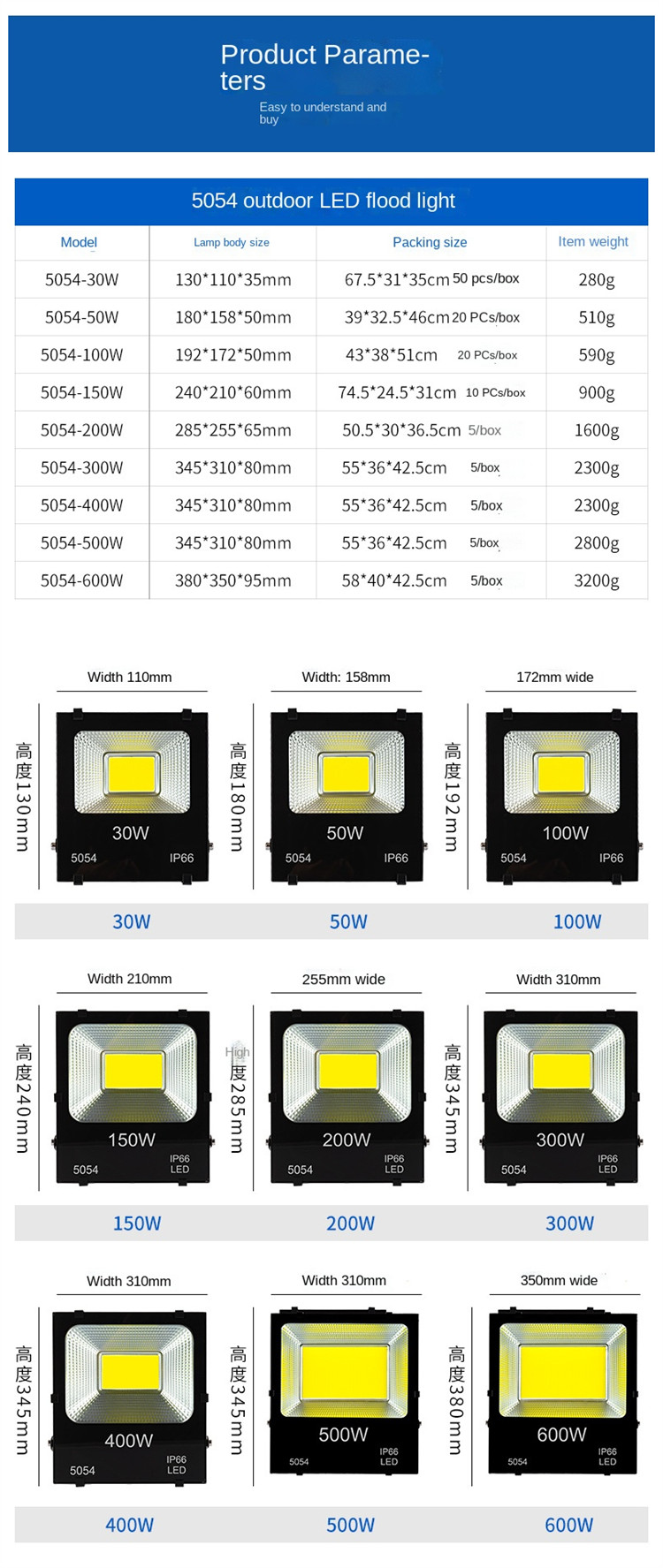 6000K 500w Led Flood Light Slim 30W 20W IP65 Waterproof Cob Flood Light