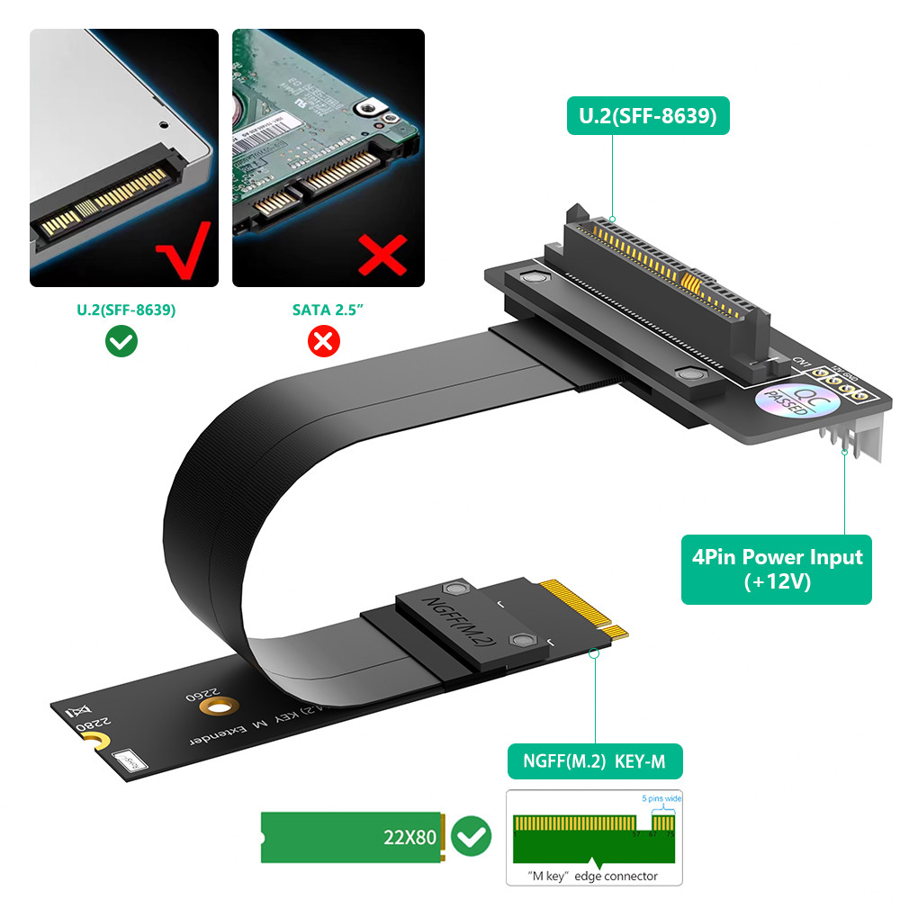 90 Degree U.2 SFF-8639 U2 Connector To NGFF M.2 Key-M Interface Converter Card Extension Cable With SATA15PIN Power Cord