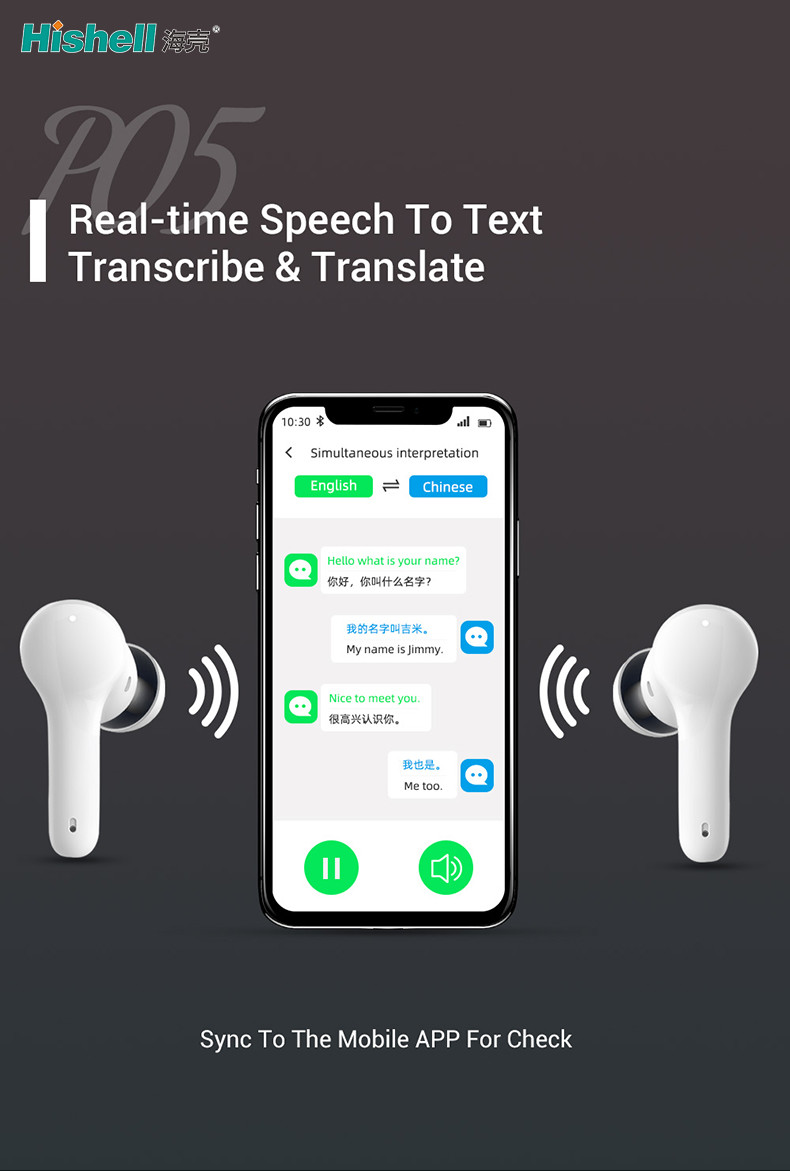 Cordless TWS Bluetooth Language Translator Earpiece IPX5 With Charging Box M6