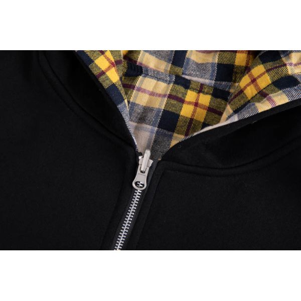 Men's Black Full-Zip Hoodie with Contrast Plaid Lining and Medium-Weight Fleece for Regular Fit