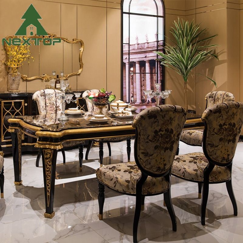 British Royal Style Dining Table Set 6 Seater Luxury Wooden Dining Table Sets
