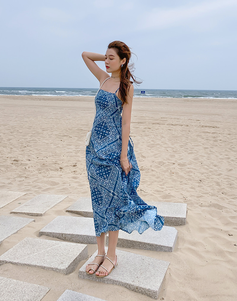 Blue Back Tie Halter Strap 104cm Bohemian Beach Dress