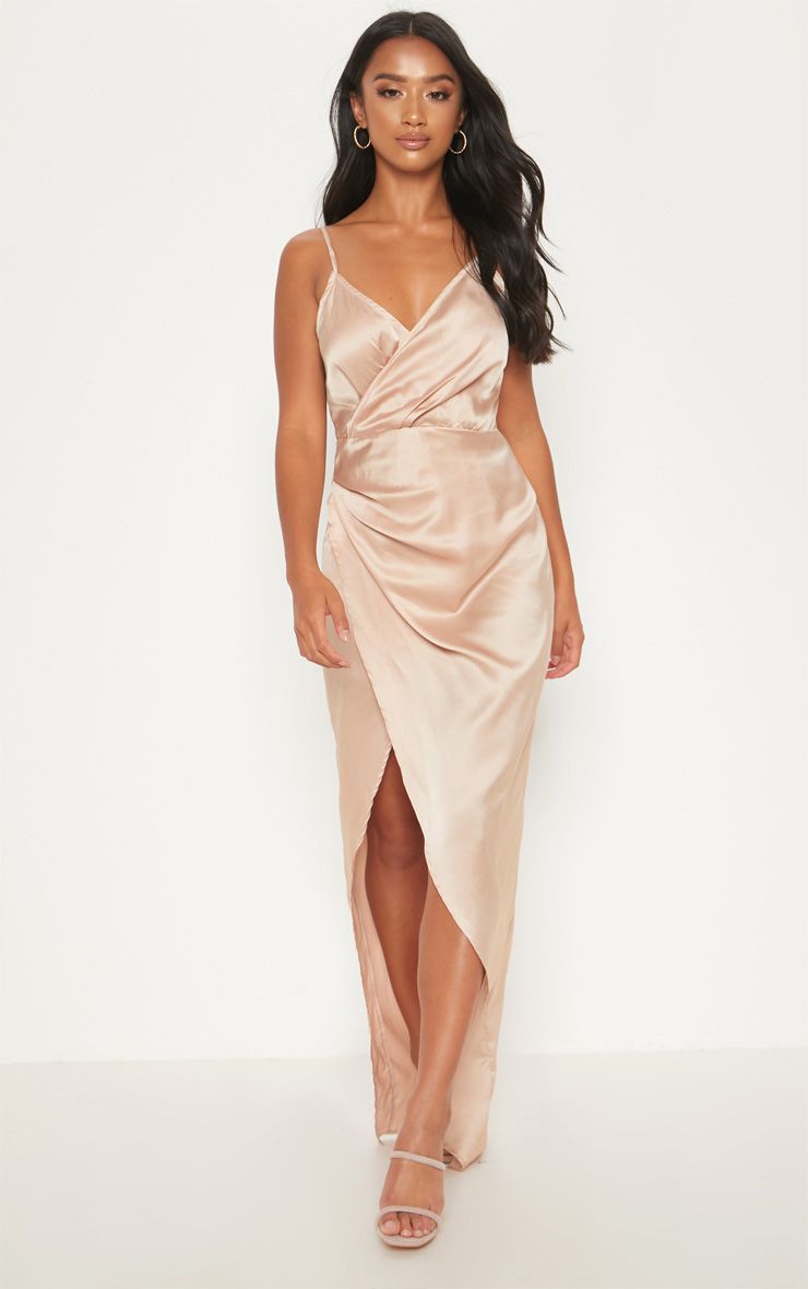2019 New Arrivals Women Casual Petite Champagne Satin Maxi Dress And Sexy