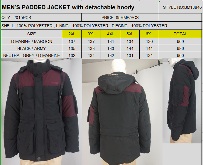 Multi Functional Hooded Padded Jacket Mens Stock Garment ISO Standard
