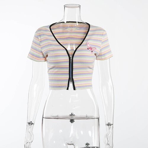 OEM maufactory Keliou Foreign Trade polyester cross -border European and American sexy short zipper rainbow t -shirt