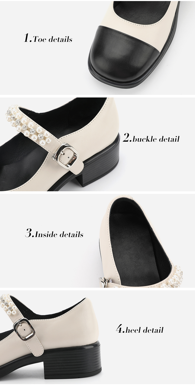 Round Head Wrap Toe Womens Leather Flat Shoes Black And White Stitching