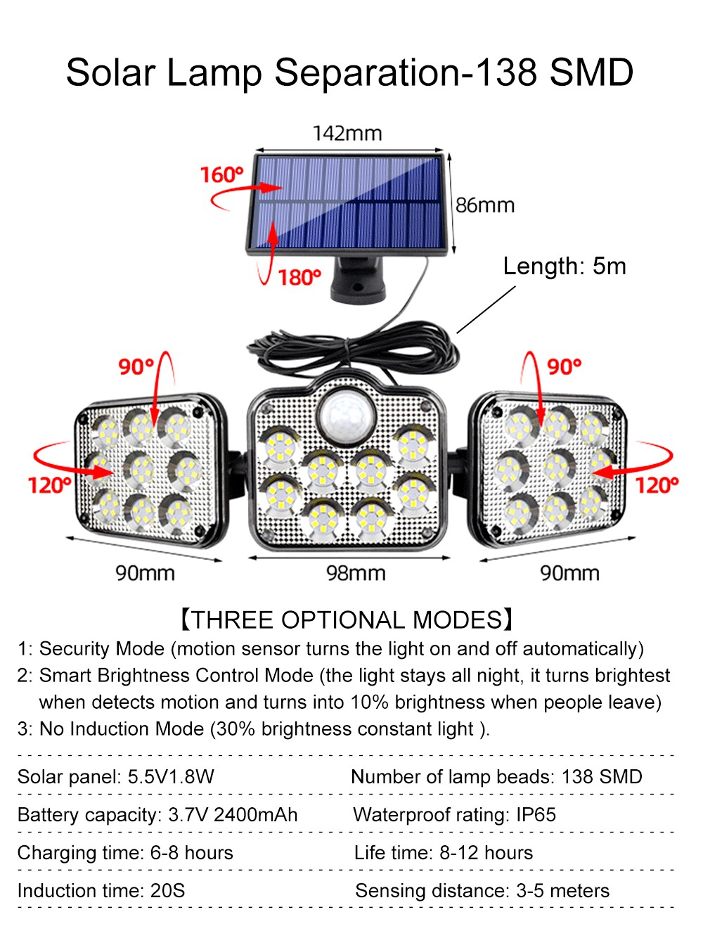 6500K 1.8W Outdoor LED Solar Lamp 270 Wide Angle 3.7V 2400mah