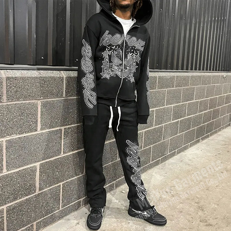 Custom Print Vintage Zipper Rhinestone Hoodies Sweatsuits Unisex Sets Flared Sweat Pants Zip up Hoodie Set Tracksuits for Men