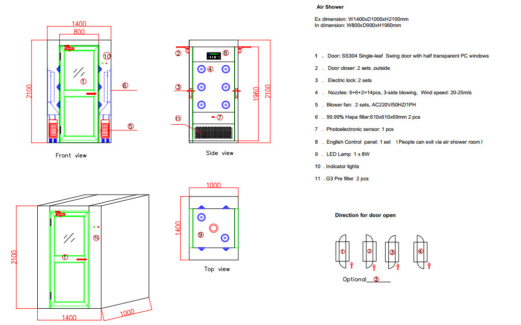 Single Leaf Swing Doors Clean Room Air Shower For One Person 2 Side Blowing