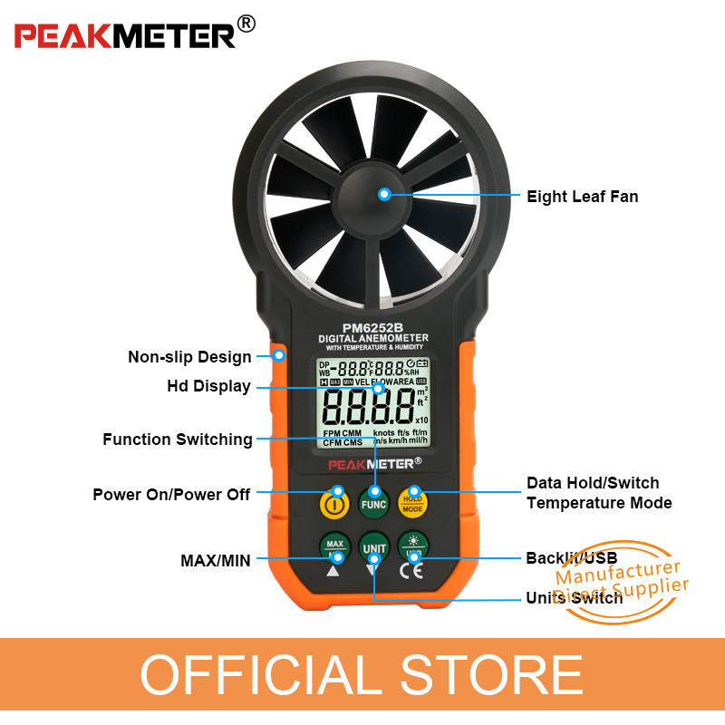 Wireless CMS /CMM/CFM Non-slip Designed Digital Anemometer with USB Port ℃/℉ Selection