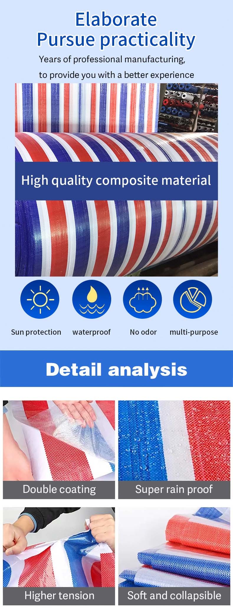 PE Medium Weight Outdoor Solid Tarpaulin Tarp Waterproof Cover for Ground Camping