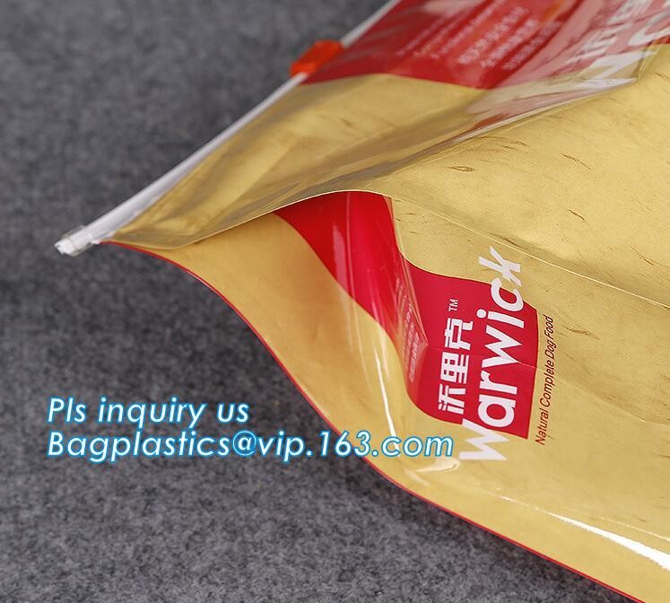 FDA Grade High Barrier Aluminum Foil Side Gusset Quad Sealed Customized Pet Dog Food Packing Bags, slider zipper lock ba
