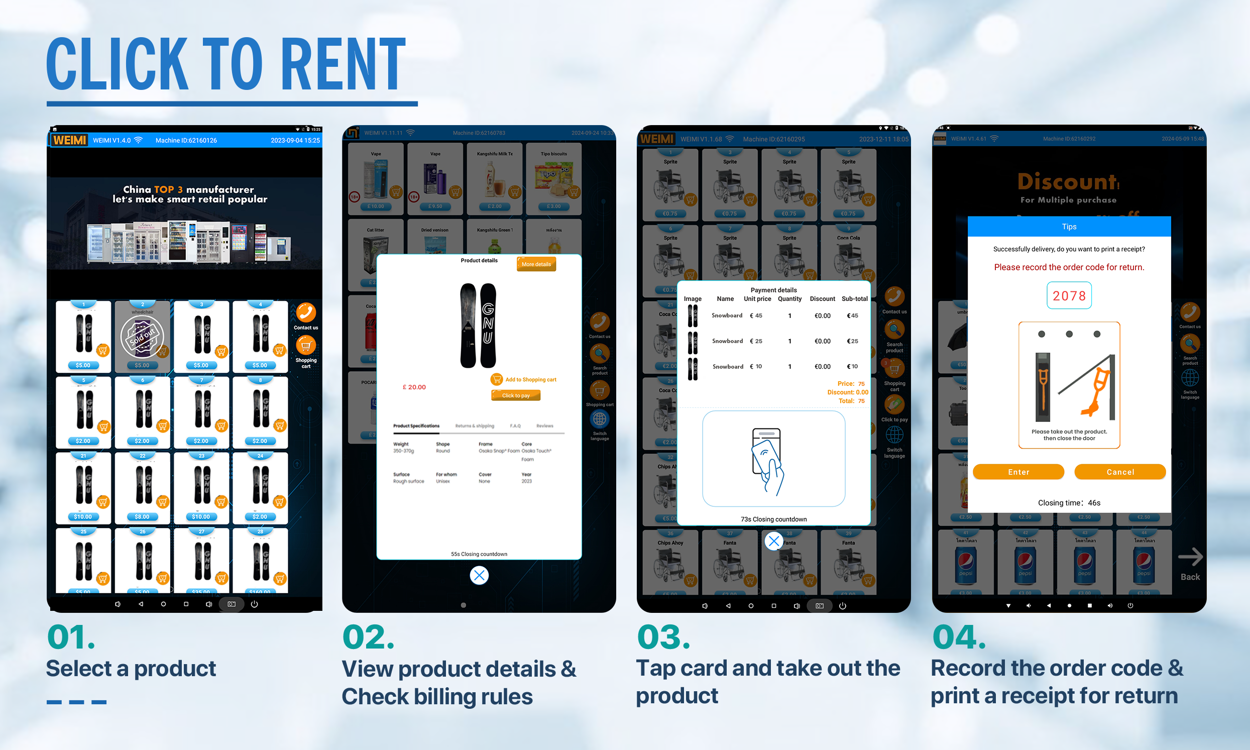 A fast and intuitive rental experience with the snowboard rental vending machine. Riders select their snowboard size on the HD touchscreen, view transparent pricing, complete secure payment, and instantly collect their board from an unlocked compartment—ready to hit the slopes in seconds.