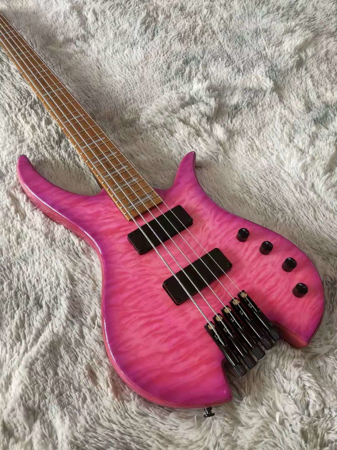 Ash Body Quilted Maple Top 9 Pieces Maple Neck Roasted Maple Fret Headless Bass 5 String Guitar Bass Free Shipping