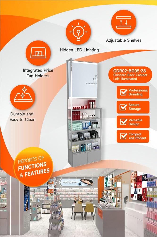 GDR02-BG05-28 Left Illuminated Skincare Display Cabinet with 60mm Soft Film Light Box and Grey Edge Banding for Fashion Boutiques