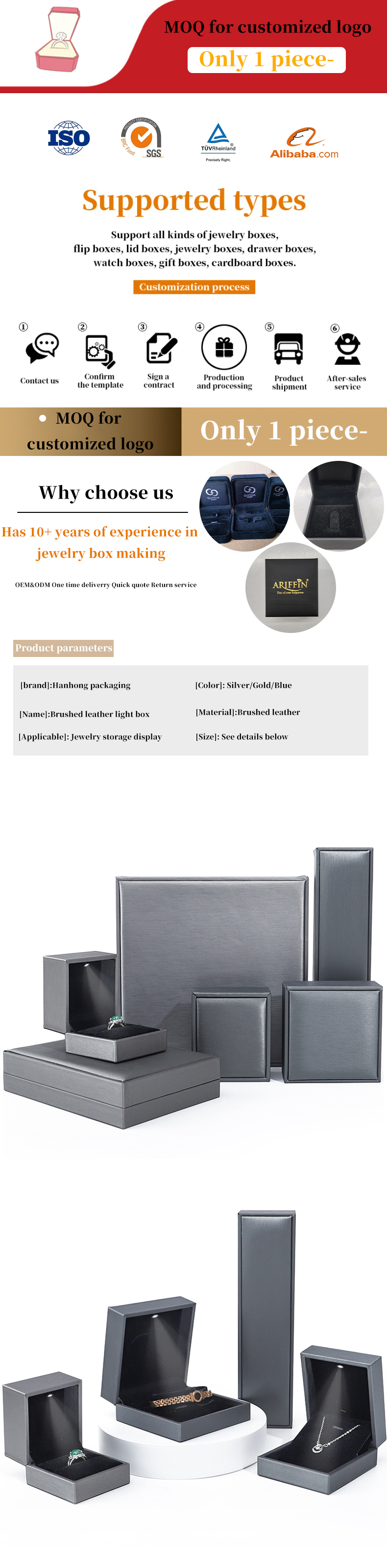 Grey Lightweight Leather LED Jewelry Box Luxury Packaging For Bracelet Necklace Ring