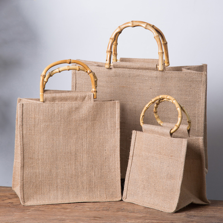 Household Large Cotton Burlap Tote Bag With Leather Handle
