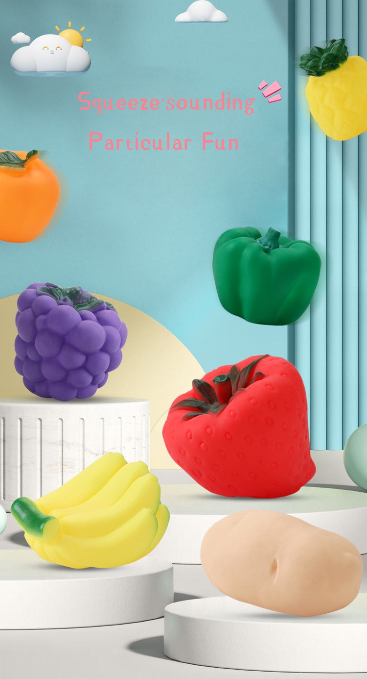 Selected BPA Free PVC Soft Squeeze Squeaky Colorful Fruit Assortment Toy for Baby Learning Playing Age Range 2 to 4 Years