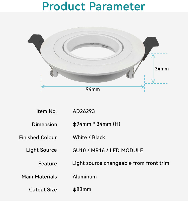 Commercial Lighting Recessed Spotlight Frame With 20° Tilt And Rotating Housing