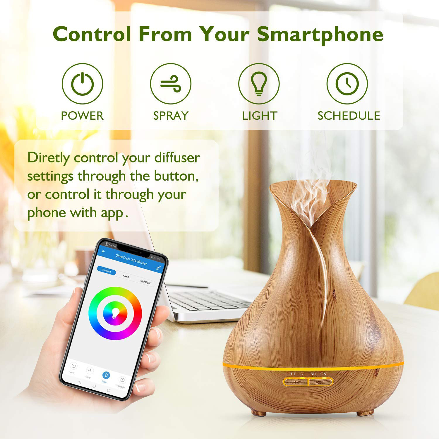 Smart Wi-Fi Aromatherapy Air Humidifier App Control Wood Essential Oil Aroma Diffuser