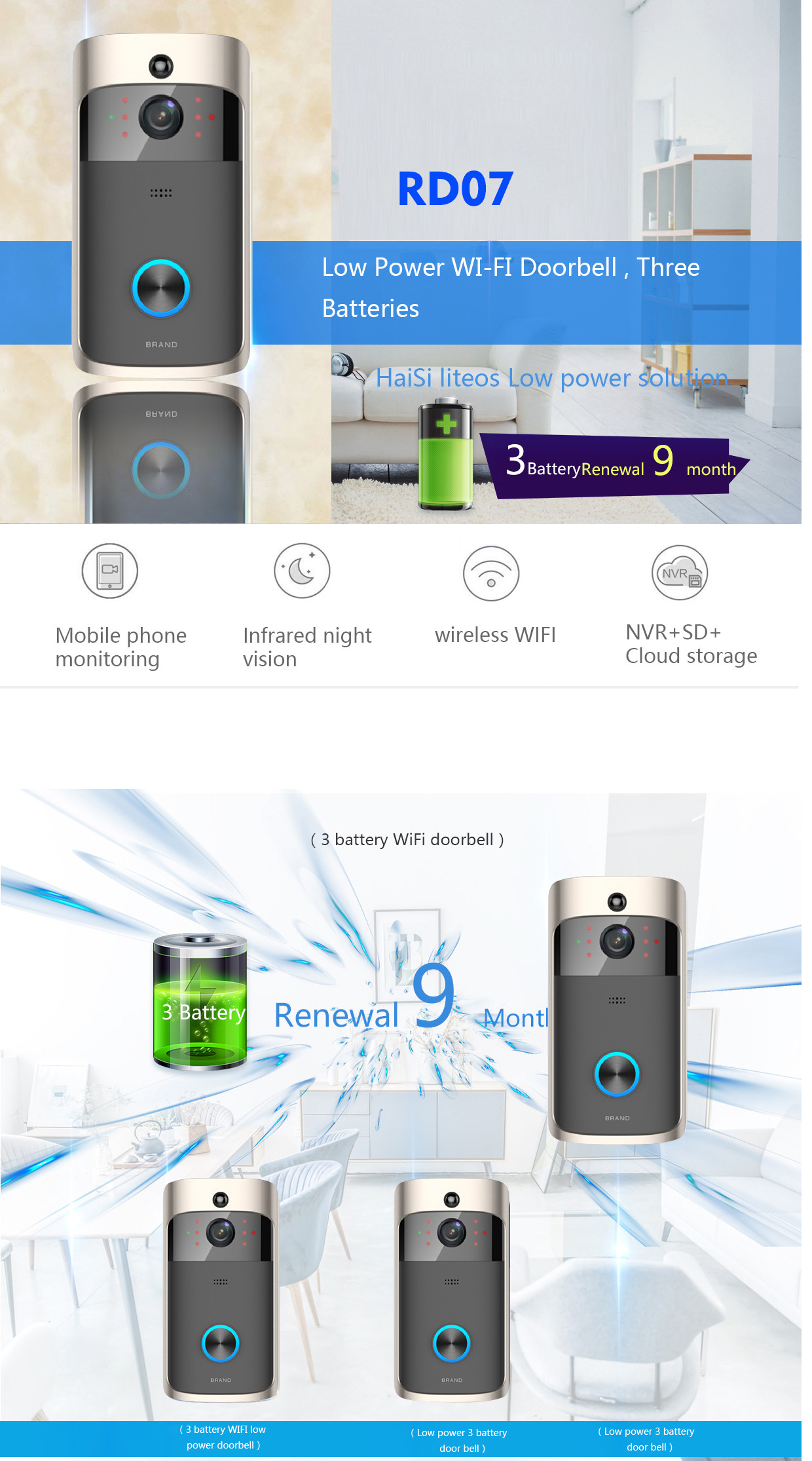 HFSecurity RD07 Wide Angel WIFI VIsua Real Time Two Way Audiol Door Bell