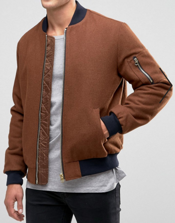 Embroidered Design Mens Black Wool Bomber Jacket With MA1 Pocket
