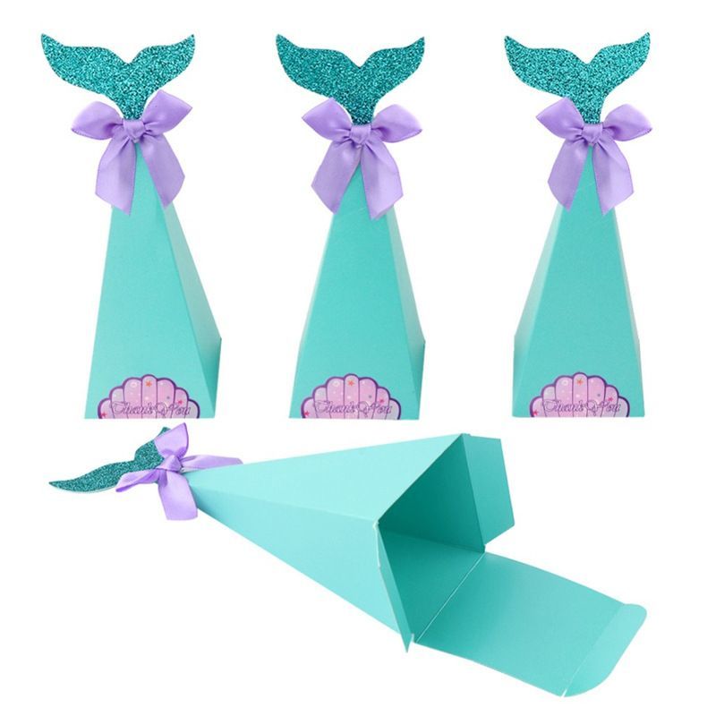 Mermaid Tail Paper Candy Box, Wedding Birthday Party Gift Boxes, Custom Logo Cookie Chocolate White Cardboard Carton Foldling Packaging Box with Ribbon