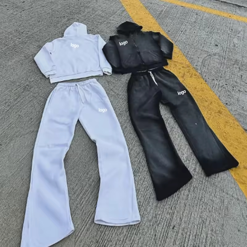 Customized Logo Mens Acid Wash Tracksuit Zip Up Retro Jogging Suits Loose Fit