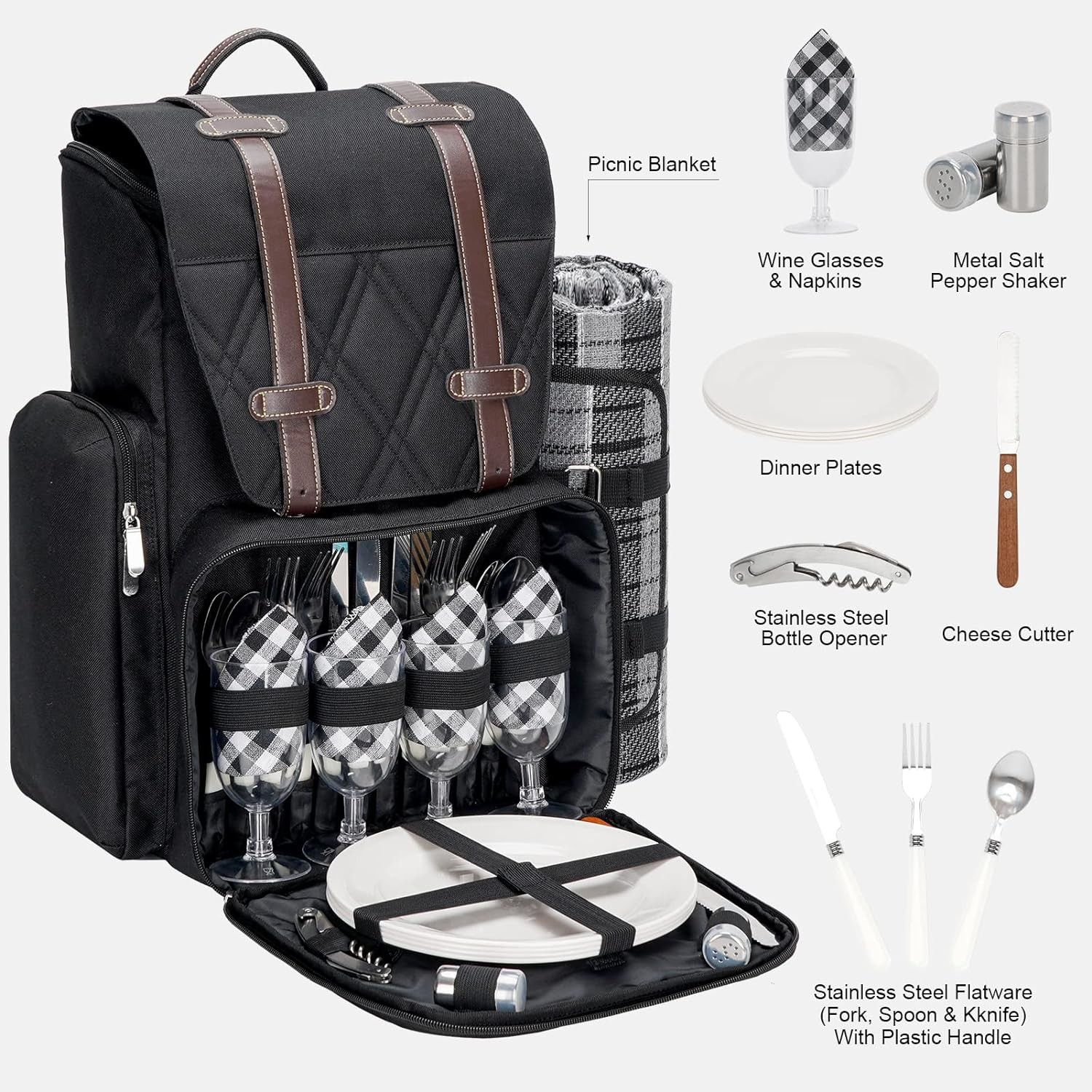 Picnic Backpack for 4 Person with Large Insulated Cooler Bag, Picnic Basket Set with Wine Pouch,
