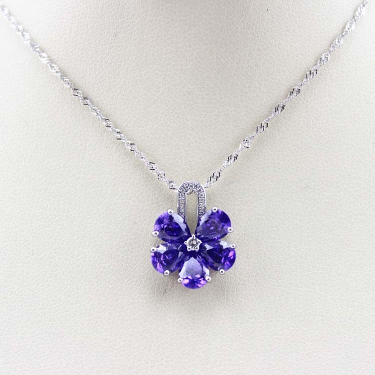 Women Jewelry Purple Cubic Zircon Flower Pendant Necklace (PSJ0223)