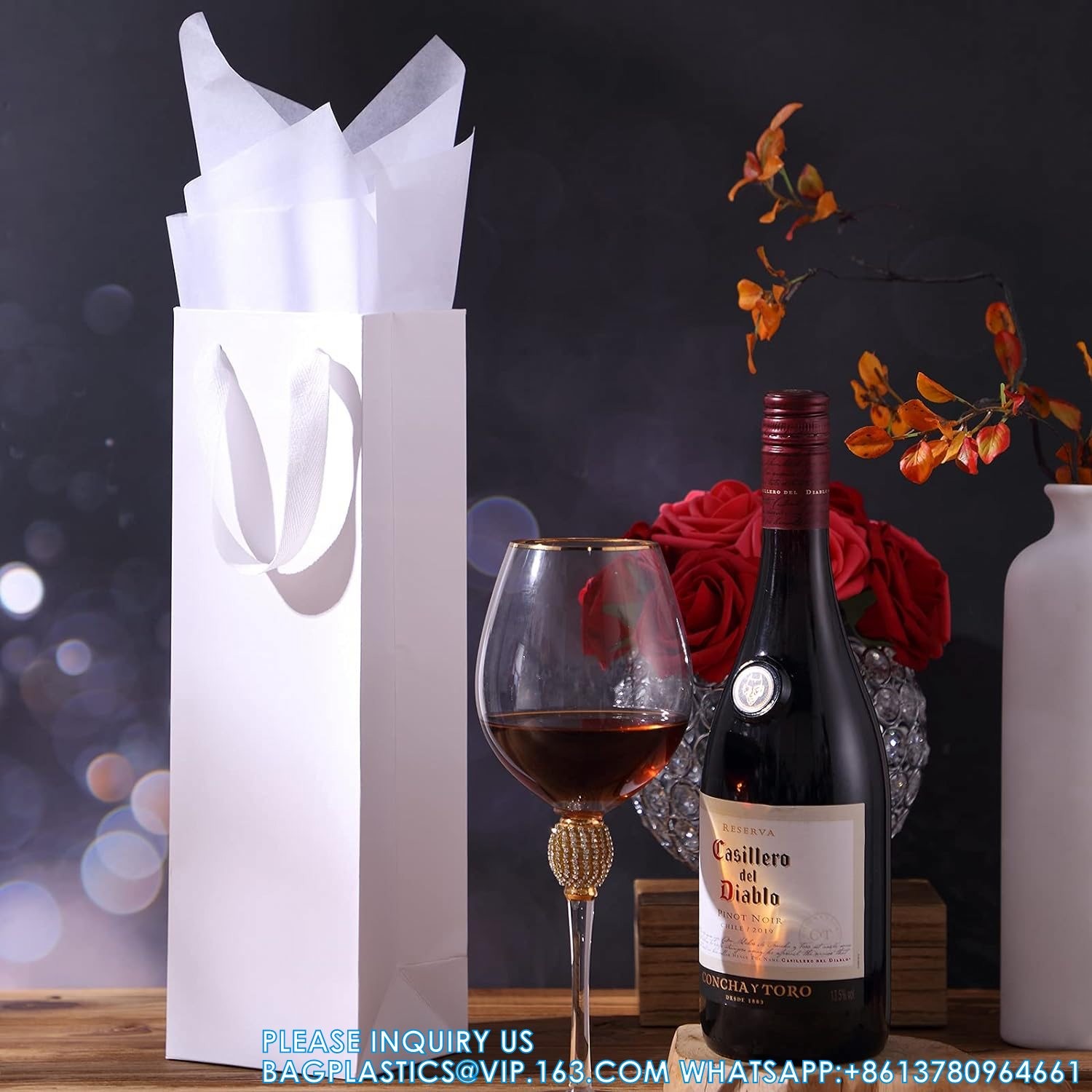 Paper Wine Bag Wine Bottle Bag Holder With Handles With Kraft Tissue Paper Retail Wine Bag For Christmas Holiday