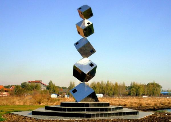 Polished Large Garden Sculptures Metal , Cube Tower Stainless Steel Art