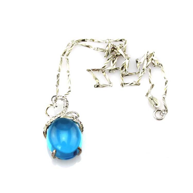 Sterling Silver Oval Created BlueTopaz Dome Cubic Zircon Gemstone Pendant Silver Chain(PSJ0343)