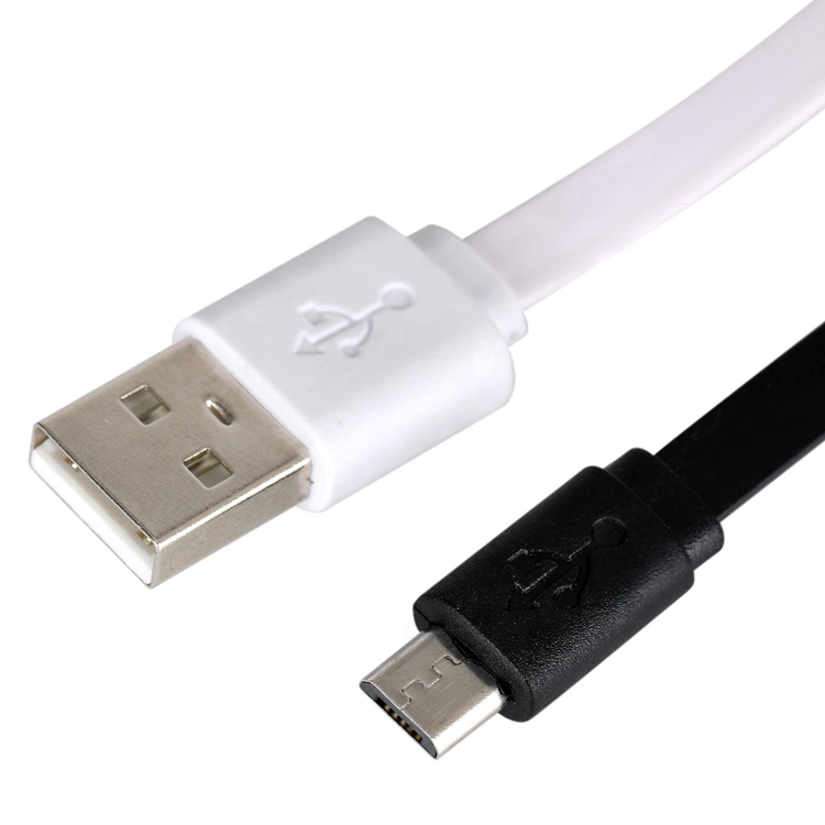 Black White Flat Noodle Micro USB Cable for Power Bank Speaker Phone