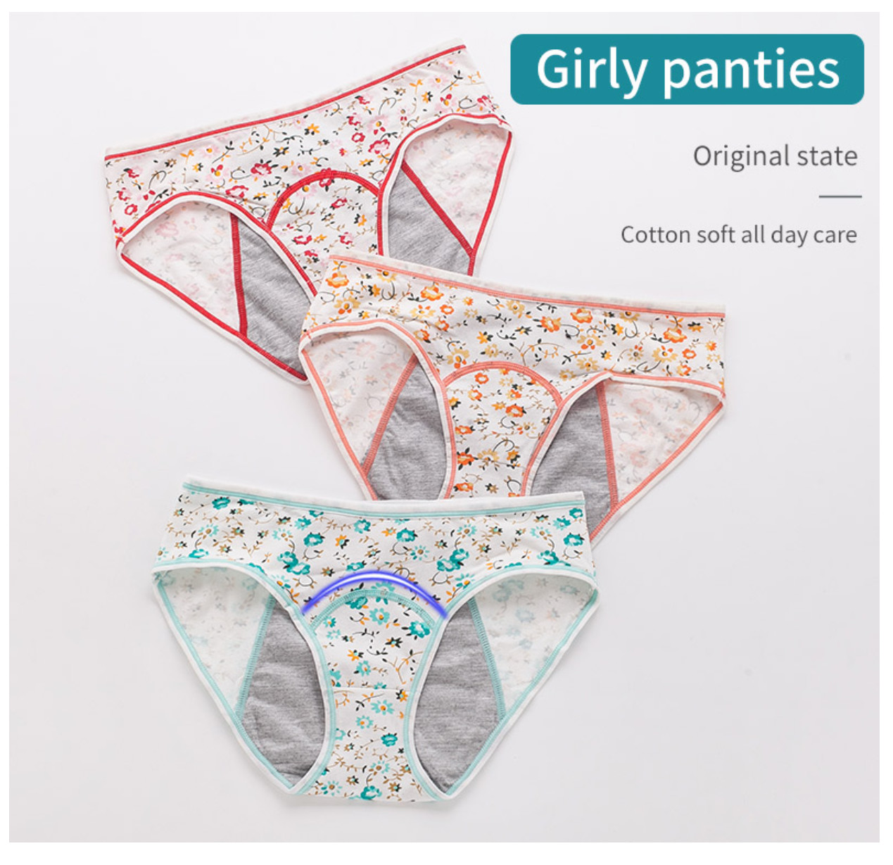3 Layer Girl Cotton Period Underwear Female Printed Menstrual Period Panties Breathable Physiological Panties